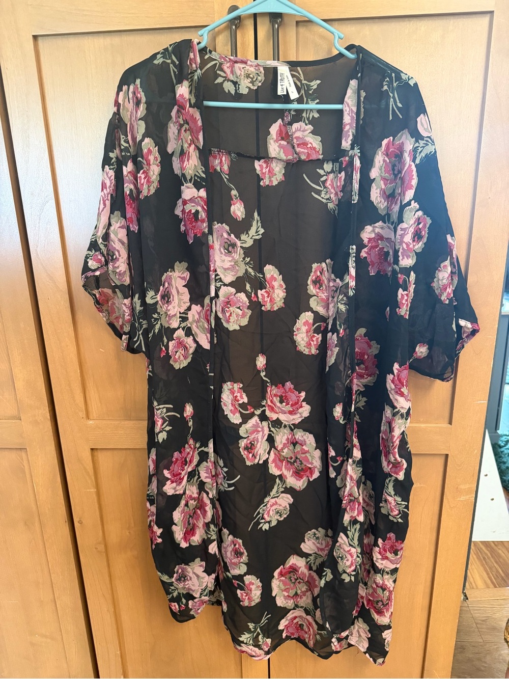 Live 4 Truth Black Sheer Floral Kimono with Pink Roses